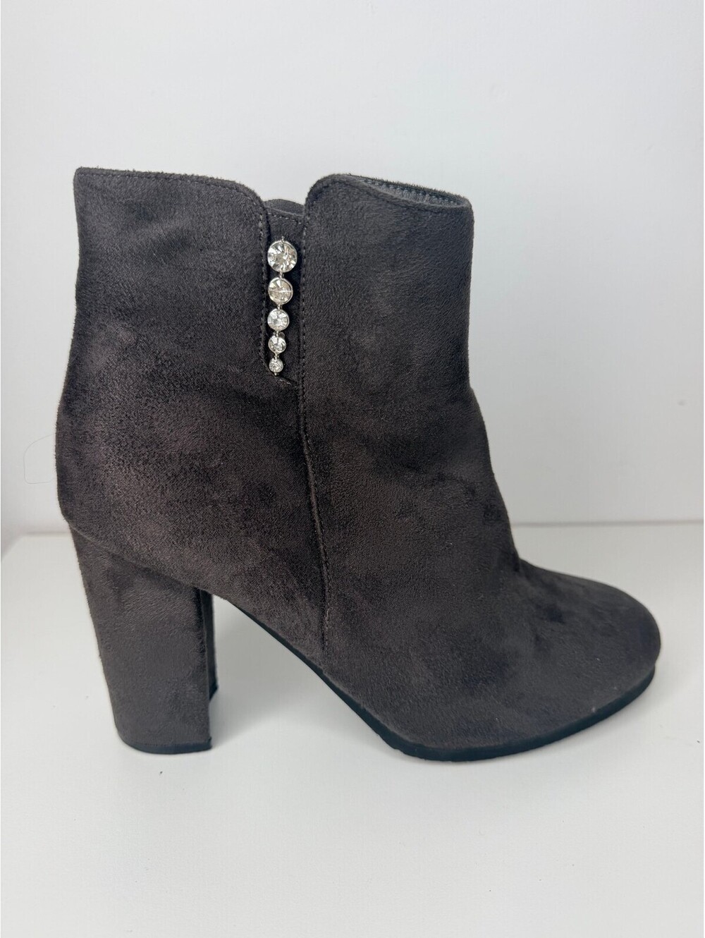 Grey faux suede ankle boots with rhinestone trim size 8